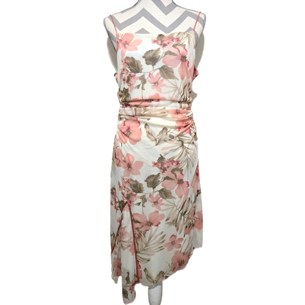 Vintage Y2K Floral Print Asymmetrical Midi Dress White Pink Extra Large